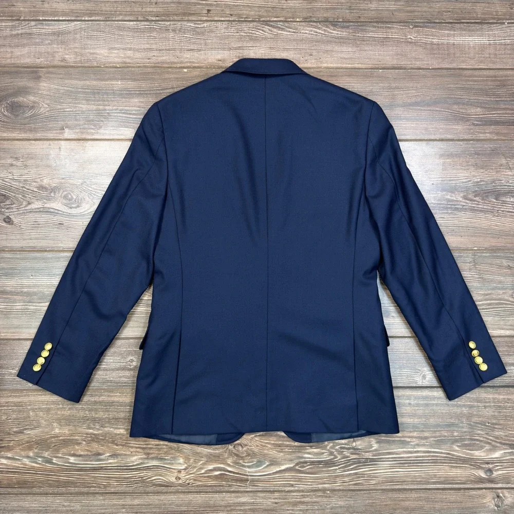 J.Crew Mens Size 38S Thompson University Blazer Navy Blue Gold Button Wool Blend